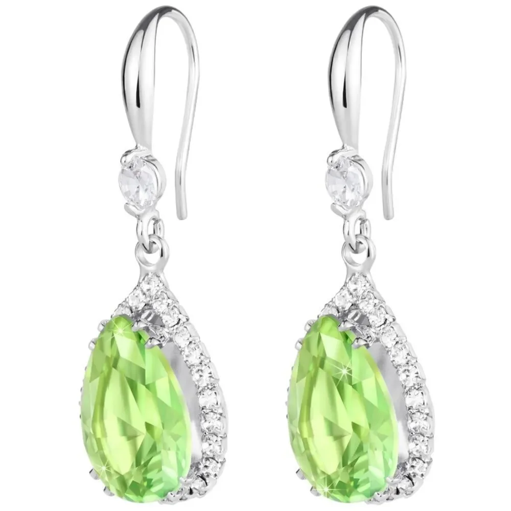 14K White Gold with Peridot Green Cubic Zirconia Teardrop Hook Dangle Earrings